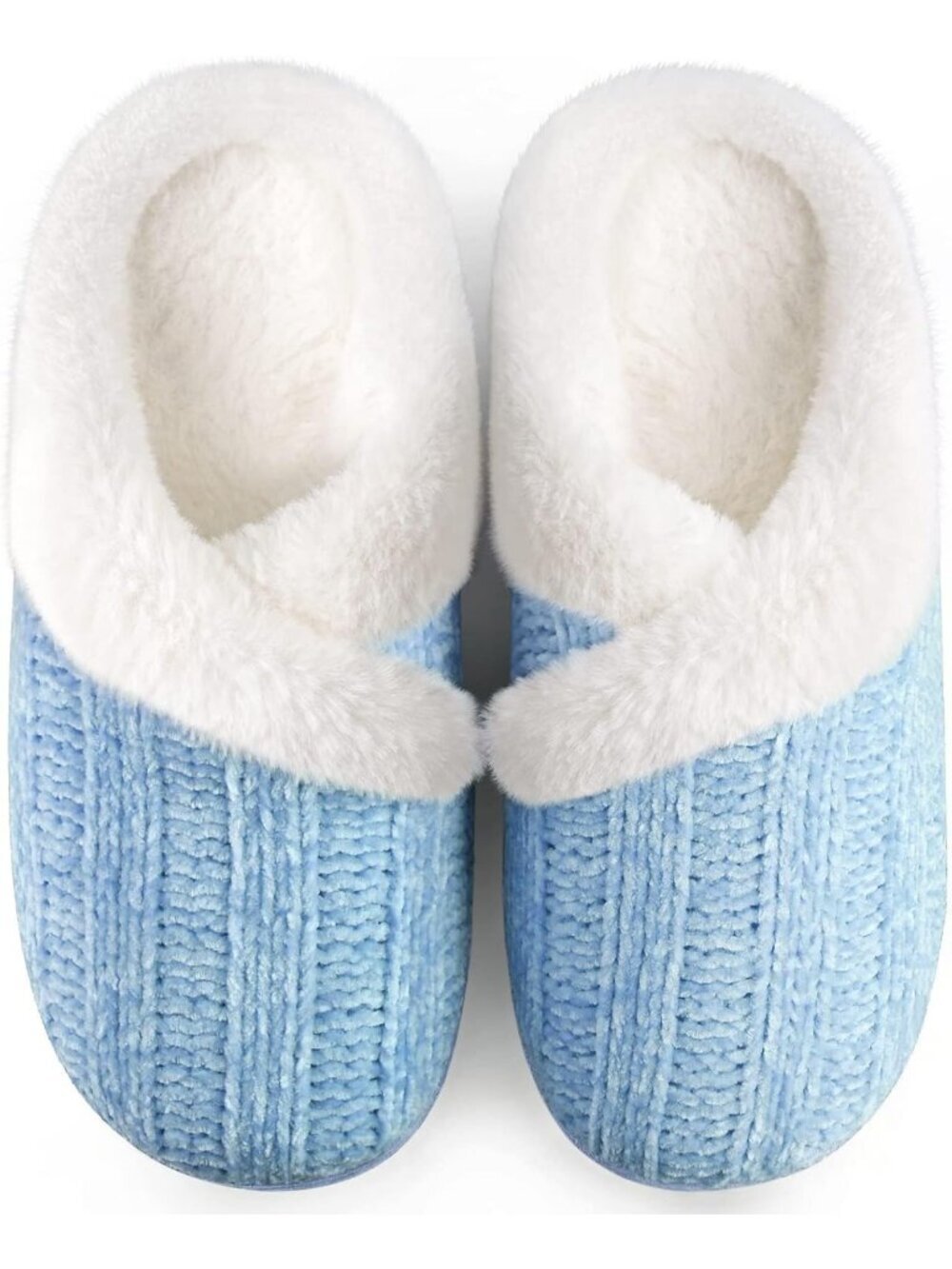 Women's Blue Fuzzy House Slip on Indoor Outdoor Anti-Skid Rubber Slipper Shoes